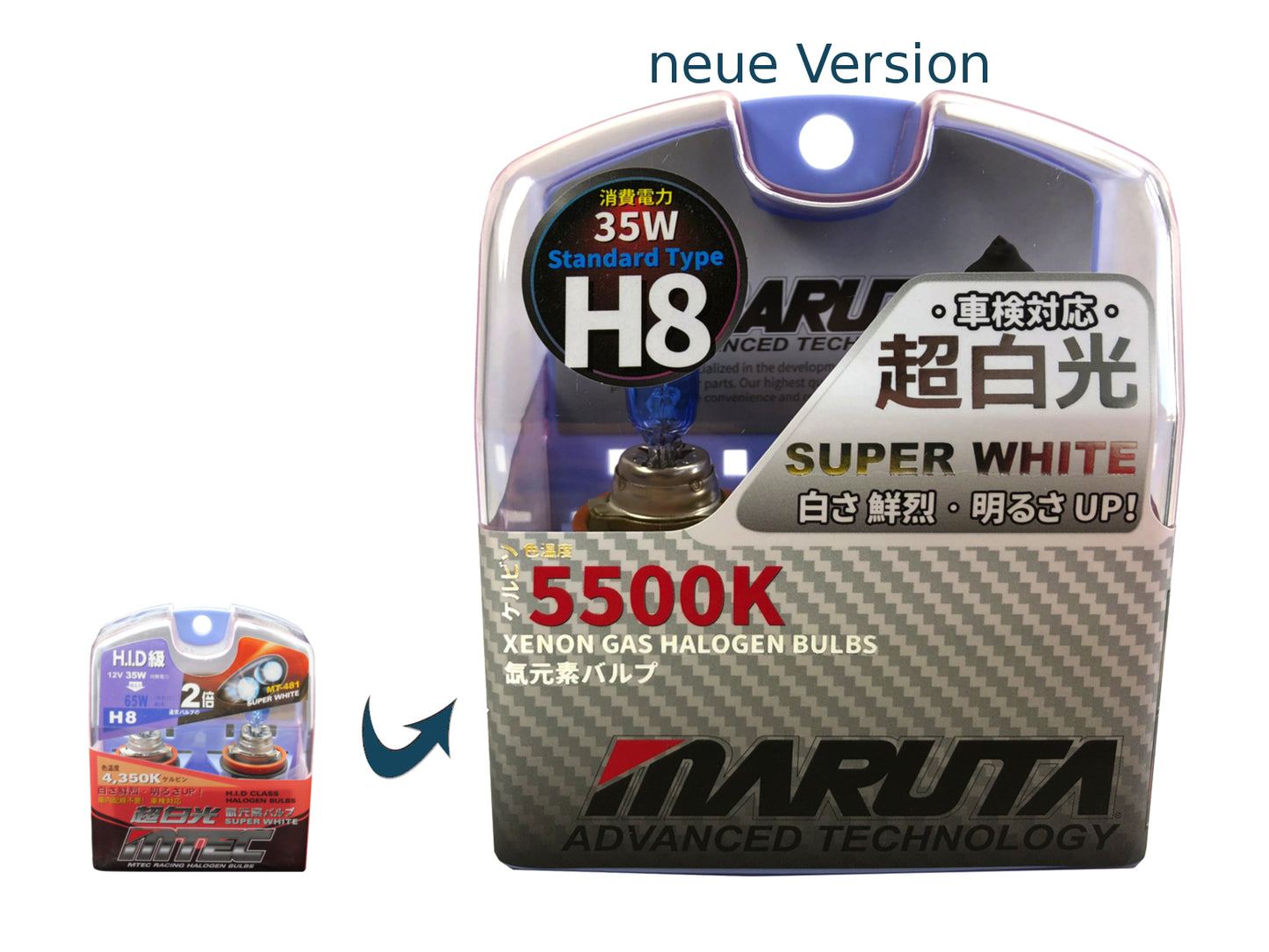MARUTA SUPER WHITE H8 12V 35W lampe halogène pour phares, feux antibrouillard & feux diurnes, effet xénon 5500K, ampoule xénon-gaz longue durée avec verre quartz de haute qualité & homologation routière (marque ECE) - Bild 8